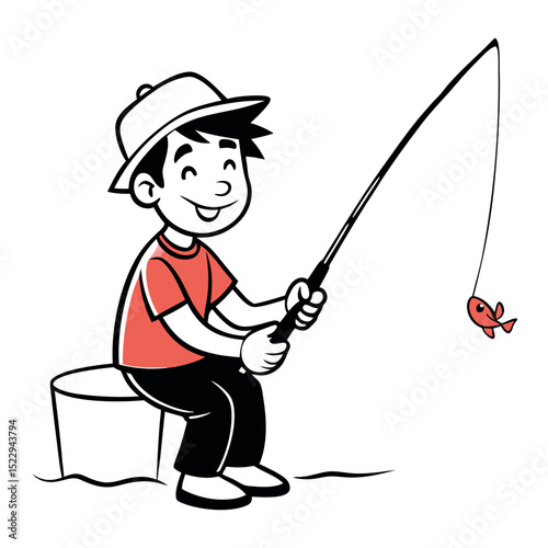 Smiling Cartoon Boy Fishing with Red Fish on a Dock with a Fishingpole