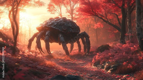 Giant Tortoise Creature in Autumn Forest at Sunrise. Possible Use Fantasy, Sci-fi, Illustration