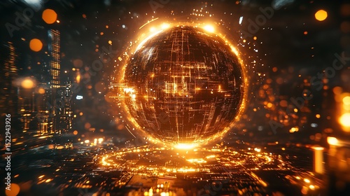 Sphere of light radiates energy illuminating future tech and digital network in dazzling orange