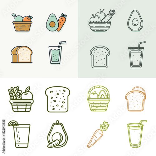 Simple line art icon set of healthy food including bread, juice, avocado, carrot, fruits, and vegetables in pastel and green monochrome style.

