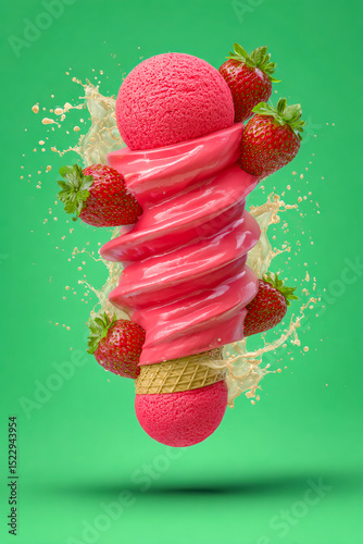 swirling tornado milkshake, made of fresh shiny strawberries with green leaves