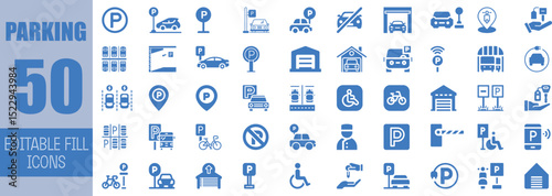 Fifty editable parking icons set vector illustration