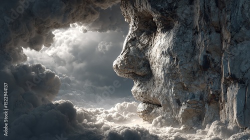 A colossal rock face emerges from swirling clouds a stone giant watching over an ethereal landscape