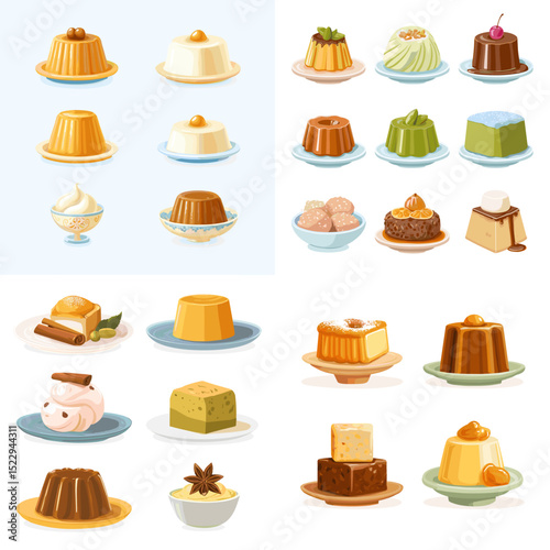Delicious vector illustration set of various puddings and sweet desserts like flan, panna cotta, caramel custard, and jelly in charming plated presentations.

