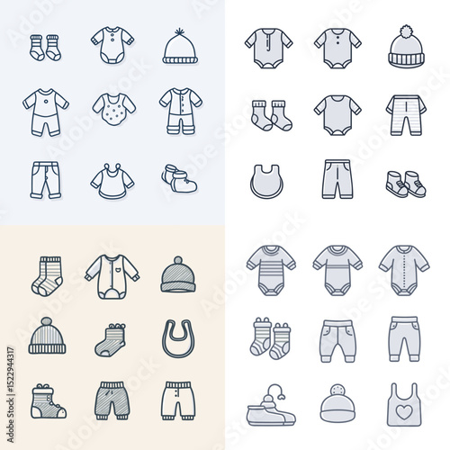 Adorable line art baby clothes icon set featuring onesies, hats, socks, bibs, and boots, perfect for nursery, baby shower designs, or parenting apps.

