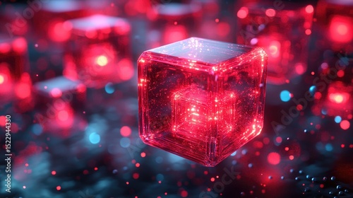 Glowing Red Crystal Cube in Abstract Digital Space