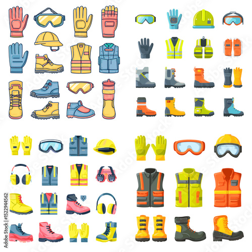 Colorful vector icon set of safety equipment and personal protective gear, including gloves, helmets, vests, goggles, boots, and ear protection for workplace safety.

