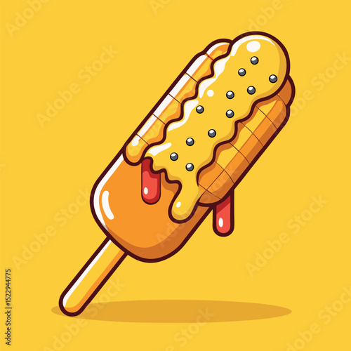 Stylized Corn Dog Illustration Drizzled Cheese Sauce and Red Sauce on Yellow Background