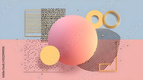 Playful Summer Geometry: 3D Abstract Backgrounds with Soft Pastel Spheres and Minimal Shapes on Sky Blue Canvas.