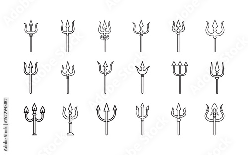 A diverse set of trident-themed icons drawn with clean lines, showcasing distinct shapes and styles for creative and symbolic design applications.

