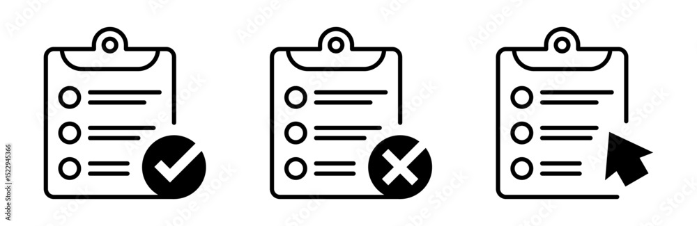 Conjunto de iconos de documentos portafolio. Evaluación aprobada, error detectado y acción requerida. Decisiones rápidas sobre formularios. Ilustración vectorial