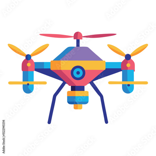 Stylized MultiColored Drone Illustration with Camera, Four Rotors, and Landing Gear