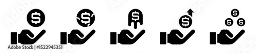 Conjunto de iconos de manos con monedas. Ahorro, pérdida, inflación, ganancia y acumulación. Moneda rota, crecimiento económico, capital. Ilustración vectorial
