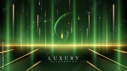 Green northern lights scene glowing in the night sky decorated with golden glow effect and stars, luxury style background design concept.