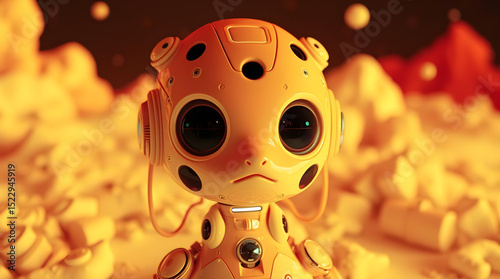Cute yellow robot with big eyes in hybrid computing environment looks curious and futuristic in warm glowing setting