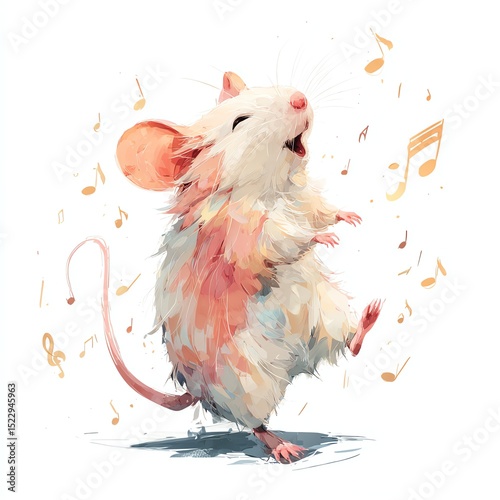 Cheerful mouse singing surrounded by musical notes.