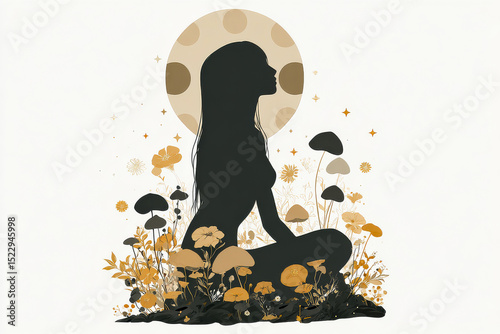 silhouette of a young woman sitting cross-legged in a lotus position, with flowers and mushrooms growing out from her feet, surrounded by moon phases. 