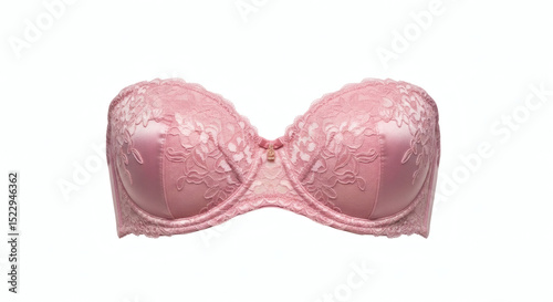 Elegant strapless pink bra with intricate lace design on a clean white background