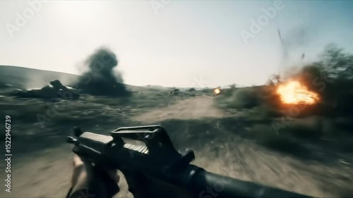 First-person shooter scene with explosions on battlefield
