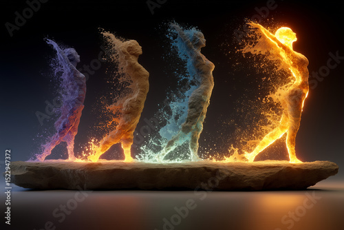 Four ethereal figures, transitioning from cool hues to fiery orange, stride across a rocky surface.  Their forms seem to be dissolving into particles of light, signifying transformation and energy.
