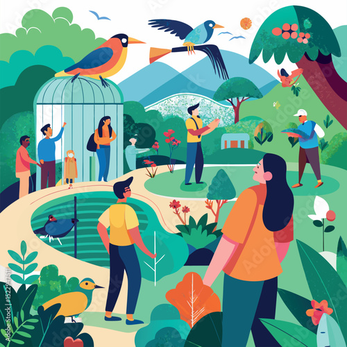 Vibrant Bird Park Illustration People Admiring Birds, Nature, and Serene Landscape Art