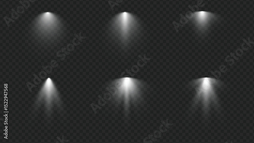 Realistic white spotlight beam set, stage lighting vector, soft glowing light effect, transparent isolated design element, overhead illumination, bright spot highlight for compositions
