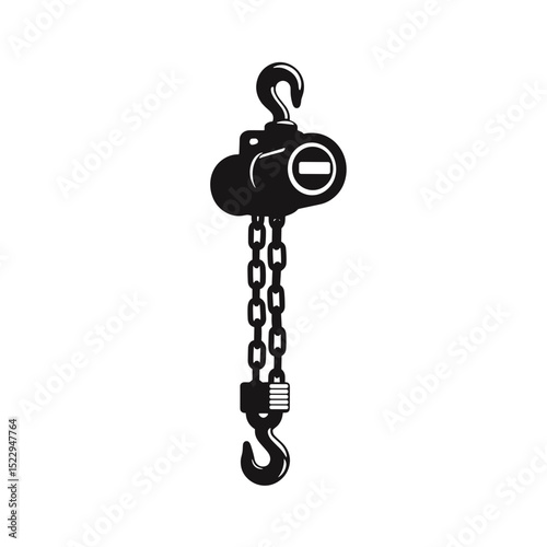 Chain hoist with hook and chain mechanism. Lifting equipment for construction and industrial use.  Chain hoist illustration perfect for building materials catalogs or safety manuals.