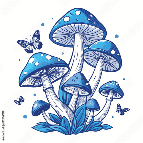 Whimsical Blue Mushrooms with Butterfly Illustration, Fantasy Forest Design, Nature Inspired Art