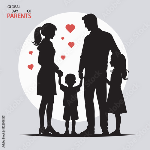 Minimalist flat vector for Global Day of Parents, featuring silhouette of father, mother, little boy, and girl symbolizing love, unity, and family bond in a modern, elegant style. black ,white ,red
