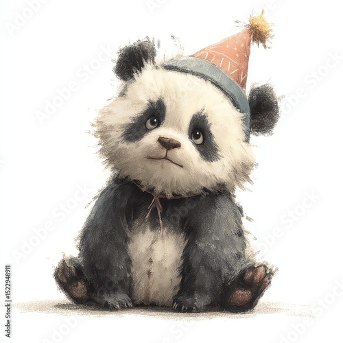Cute panda wearing a party hat, looking playful and adorable.