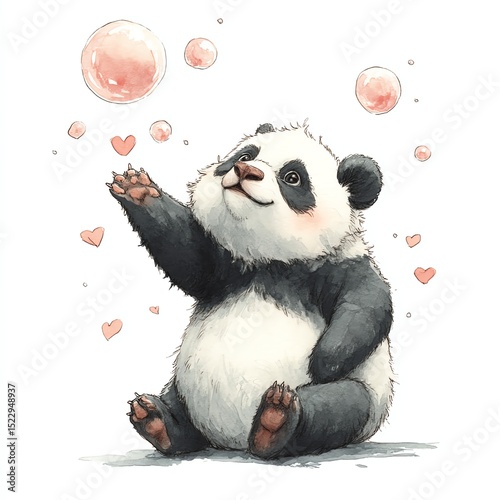 Cute panda playing with bubbles and hearts in a whimsical illustration.