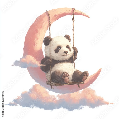 Panda swinging on a crescent moon amidst clouds.