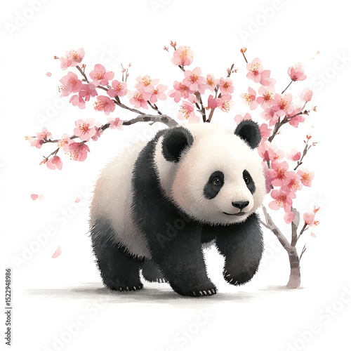 Panda walking near cherry blossoms in a whimsical style.