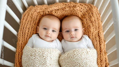 Adorable baby twins cuddling together under a knitted blanket inside a crib