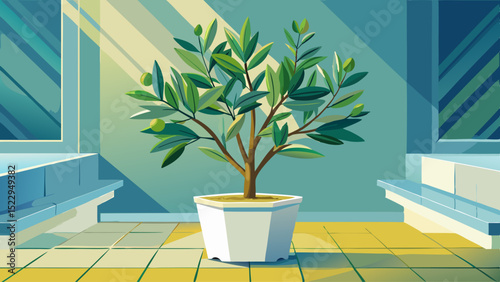 A single olive green plant in a white ceramic pot brings life into the space. It offers freshness, vibrance, nature, contrast, and a perfect organic touch in minimal interiors.

