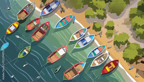 Top-Down View of Fishing Boats on Shore – Aerial Coastal Scene with Traditional Boats and Beach