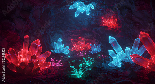 Glowing Crystals in a Dark Cave A Vibrant, Fantasy-Inspired Digital Art Piece