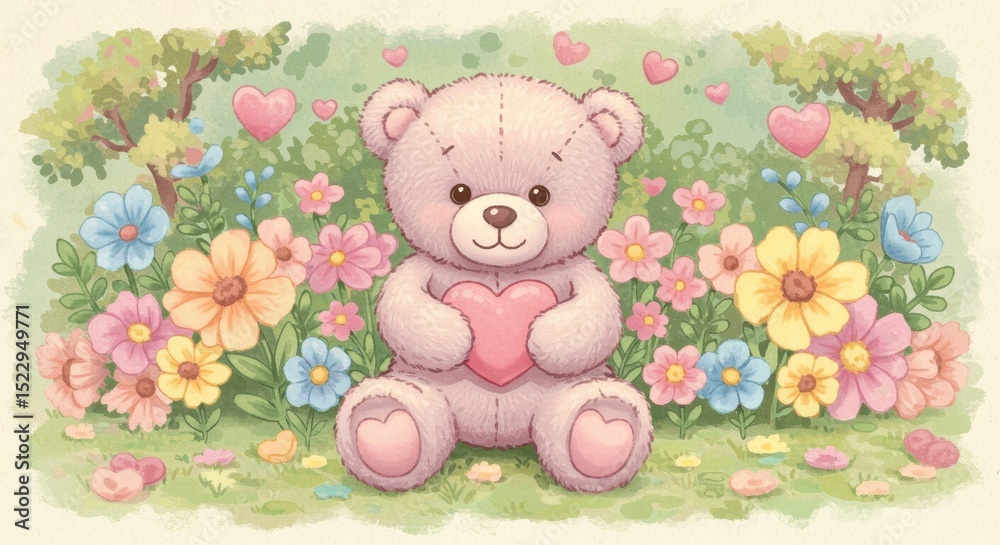 Obraz premium Teddy Bear in a Flower Garden - Adorable teddy bear holding a heart sits amidst a vibrant garden of colorful flowers. Perfect for Valentine's Day, Mother's Day