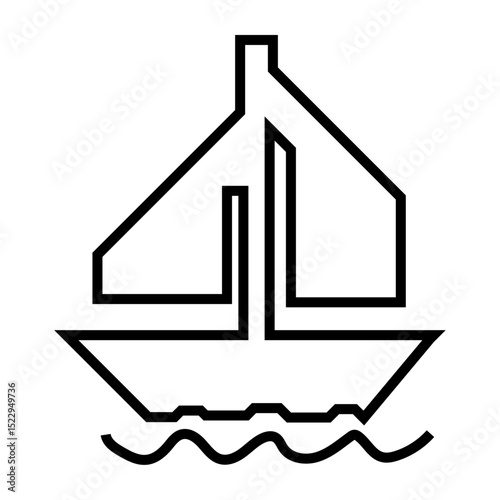 Flat silhouette line icon illustration of a ship on white background.