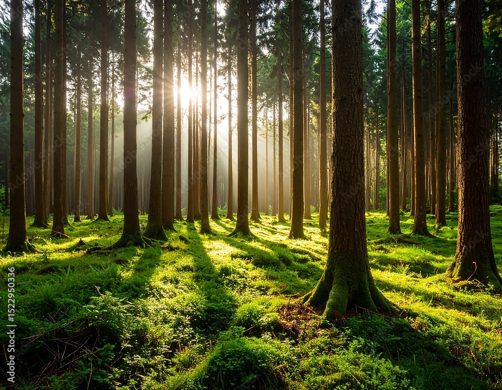 Obraz premium Sunlight streams through a dense forest