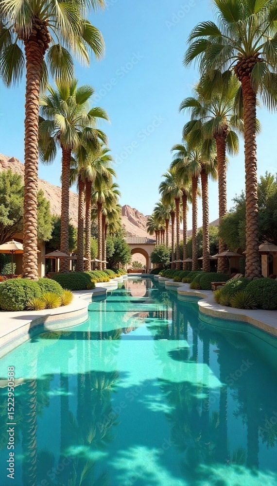 Fototapeta premium Serene desert oasis landscape, lush palm trees surrounding a tranquil pool of water reflecting the clear blue sky A perfect escape from the harsh desert environment , oasis, sun, wilderness
