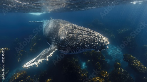 Humpback Whale Underwater, Sunlight, Coral Reef