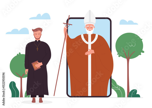 Church online vector illustration. Cartoon Christian priests in religion news for mobile app of phone gadget smartphone, internet application service program for online Bible study isolated on white