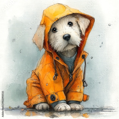 A cute puppy in an orange raincoat sits in the rain, looking up with a curious expression.