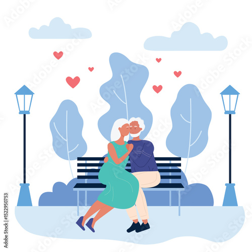 Elderly happy couple people on romantic dating in park vector illustration. Cartoon lover senior woman man in love having loving date at night, sitting on city urban park bench and hugging background