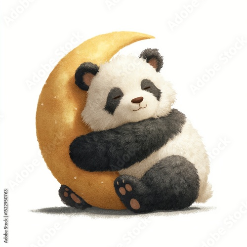 A cute panda hugs a golden crescent moon, sitting peacefully against a white background.