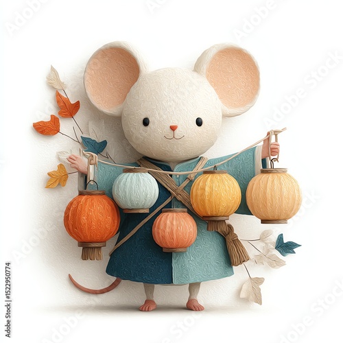 A cute mouse in a kimono holds colorful lanterns and autumn leaves, blending whimsy and festive charm in a soft, artistic style.