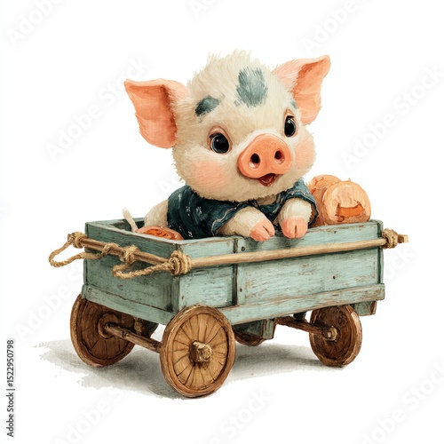 Adorable piglet in a wooden wagon, wearing a tiny outfit, with pumpkins for company against a white background.