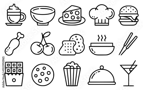 Collection of minimalist food icons in simple line art style