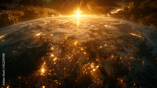 Shiny glowing golden Christian religion faith cross symbol sign above the planet earth globe. Jesus Christ gospel and crucifixion evangelism, international missionary organization,worldwide.